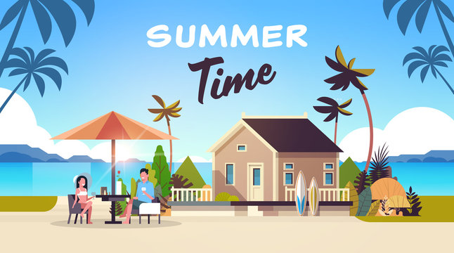 couple summer vacation man woman drink wine umbrella on sunrise beach villa house tropical island horizontal flat vector illustration