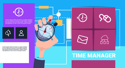 human hand hold stopwatch time manager shedule presentation interface concept support copy space vector illustration