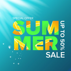 vector summer sale modern design template web banner or poster. Summer sale label with typographic text on azure water background with lights