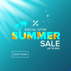 vector summer sale modern design template web banner or poster. Summer sale label with typographic text on azure water background with lights