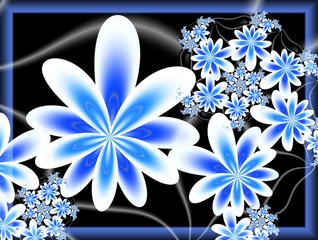 Flowers in white and blue on a black background. Digital fractal 3D design.