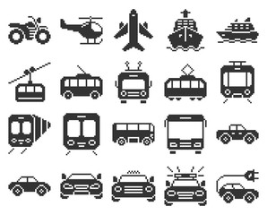 Monochromatic pixel icons set of some transport facilities