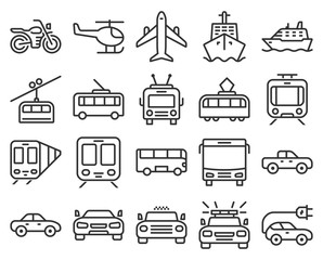 Monochromatic line icons set of some transport facilities