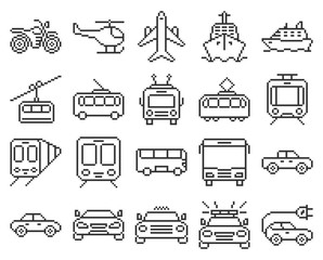 Line pixel icons set of some transport facilities