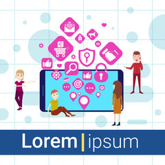 mobile app man woman team network applications icons social media networking concept for design work and animation horizontal flat vector illustration