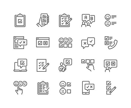 Simple Set of Survey Related Vector Line Icons. Contains such Icons as Emotional Opinion, Rating, Checklist and more. Editable Stroke. 48x48 Pixel Perfect.