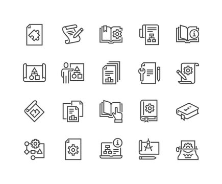 Simple Set of Technical Documentation Related Vector Line Icons. Contains such Icons as Plan, Blueprint, Manual and more. Editable Stroke. 48x48 Pixel Perfect.