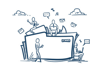 Cloud data storage folder file sharing service concept businesspeople working together over white background sketch doodle vector illustration