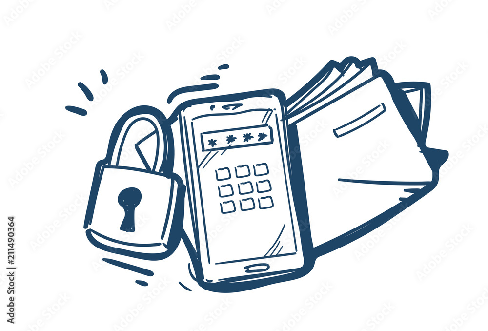 Poster security system data folder padlock protection password concept on white background sketch doodle ve