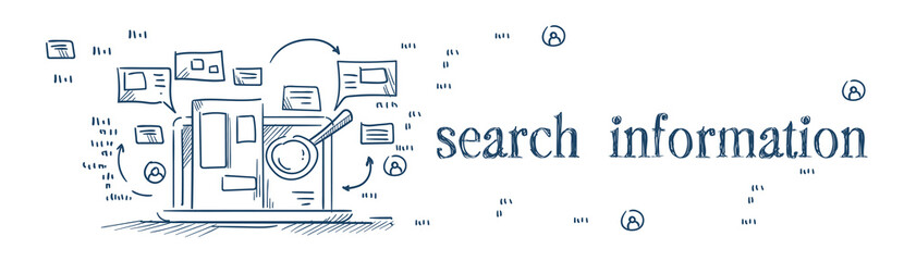 magnify glass search information on laptop internet browsing concept on white background sketch doodle banner vector illustration