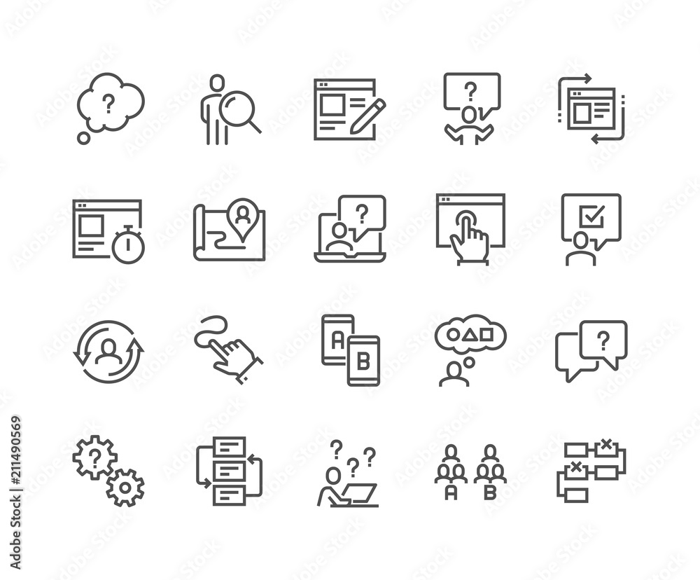 Wall mural simple set of ux related vector line icons. contains such icons as user flow, journey map, a-b testi