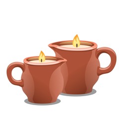 Set of burning candles in clay cups. Accessories for spa treatment isolated on white background. Vector cartoon close-up illustration.