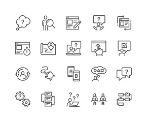 Simple Set of UX Related Vector Line Icons. Contains such Icons as User Flow, Journey Map, A-B Testing and more. Editable Stroke. 48x48 Pixel Perfect.