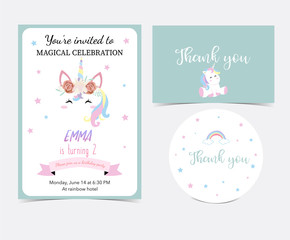 Hand drawn cute card with unicorn,head,rainbow,star and ribbon.Thank you