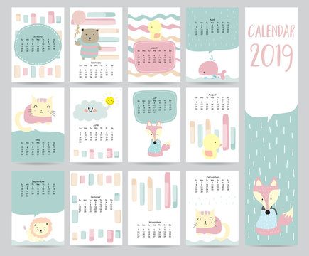 Cute monthly calendar 2019 with bear,cat,fox,whale,cat and lion for children.Can be used for web,banner,poster,label and printable