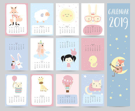 Cute monthly calendar 2019 with fox,sheep,moon,rabbit,girl,bear,giraffe,balloon and cat for children.Can be used for web,banner,poster,label and printable