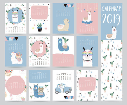 Cute monthly calendar 2019 with llama,luggage,cactus,geometrical for children.Can be used for web,banner,poster,label and printable