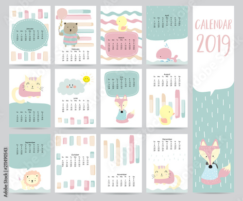 cute monthly calendar 2019 with bearcatfoxwhalecat and lion for