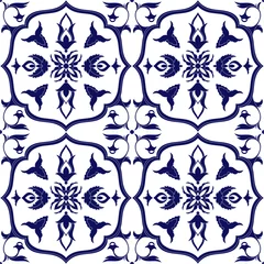 Gordijnen Portugese tegelpatroon vector naadloos met bloemenornament. Portugal azulejo, mexicaanse talavera, italiaanse majolica, spaans, delfts nederlands keramiek. Achtergrond voor keukenmuur of badkamer mozaïekvloer. © irinelle