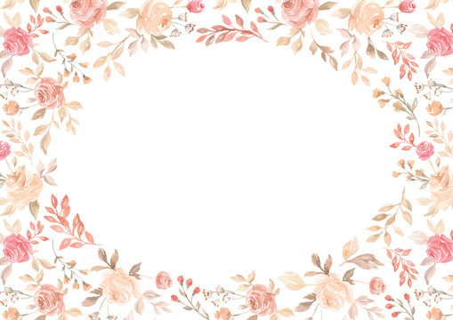 Vector watercolor pink flower, plant border white paper background