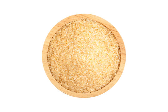 Raw Organic Cane Sugar, Brown Sugar In Wooden Bowl