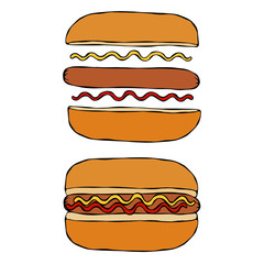 Hotdog. Bun, Sausage, Ketchup, Mustard. Fast Food Collection. Hand Drawn High Quality Traced Vector Illustration. Doodle Style.
