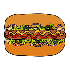 Hotdog. Bun, Sausage, Ketchup, Mustard, Salad Leave Herbs, Red Onion, Olives. Fast Food Collection. Hand Drawn High Quality Traced Vector Illustration. Doodle Style.