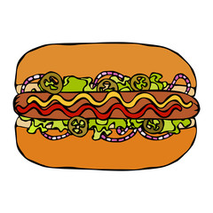 Hotdog. Bun, Sausage, Ketchup, Mustard, Salad Leave Herbs, Red Onion, Jalapeno Pepper. Fast Food Collection. Hand Drawn High Quality Traced Vector Illustration. Doodle Style.