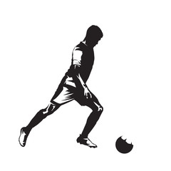 Soccer player kicking ball, isolated vector silhouette, ink drawing. Side view. Footballer