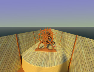 Take the helm 3D illustration. A boat front in the sea, old style wooden helm, tiny safety belt. Symbolic. Collection.