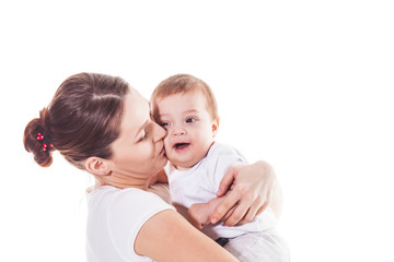 Mother holding her child on a white background