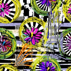 Rolgordijnen seamless geometric pattern background, retro/vintage style, with circles, stripes, flowers, strokes and splashes, black and white © Kirsten Hinte
