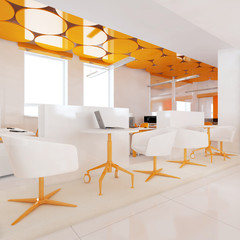 Perspective view of a color office interior with a row of white tables. 3d rendering.