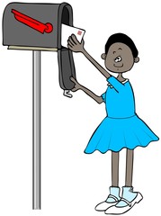 Illustration of a black girl on her tip-toes getting a letter out of a mailbox.