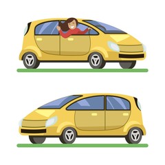 happy girl driving a yellow hatchback