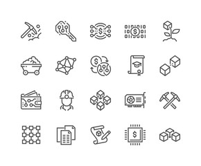 Simple Set of Blockchain Related Vector Line Icons. 
Contains such Icons as Mining, Smart Contract, Electronic Key and more.
Editable Stroke. 48x48 Pixel Perfect.