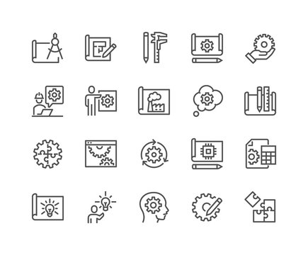 Simple Set of Engineering Design Related Vector Line Icons. 
Contains such Icons as Blueprint, Idea, Tools and more. Editable Stroke. 48x48 Pixel Perfect.