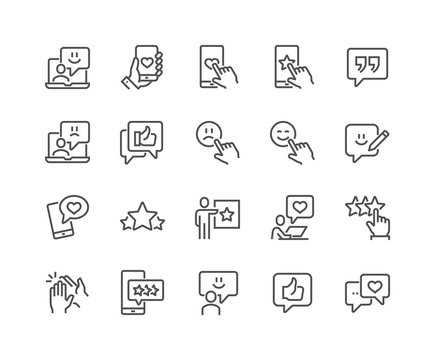 Simple Set of Feedback Related Vector Line Icons. Contains such Icons as Star Rating, User Opinion, Testimonial and more. Editable Stroke. 48x48 Pixel Perfect.