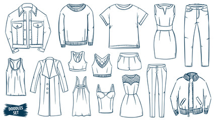 Clothes doodles set. Fashion sketch. Apparel. Outfit. Fashion collection. Casual style. Travel luggage. Jeans wear. Dress. Coat. Jacket. Leggins. Sweater. T-shirt.