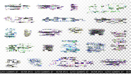 Obraz premium Glitch elements set. Computer screen error templates. Digital pixel noise abstract design. Poster design pixel details. Glitches collection. TV signal fail. Data decay. Technical problem grunge.