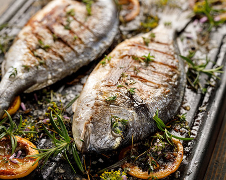 Grilled fish with herbs and lemon on a grill plate, close up view. Grilled sea bream, barbecue