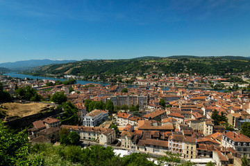 Fototapeta na wymiar Top view of the Vienne city, the Rhone river and green mountains on the background. France 2017.