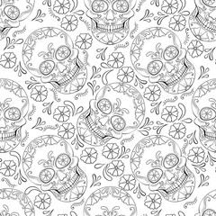 Fototapeta premium Day of The Dead Skull with floral ornament. Seamless pattern. Mexican sugar skull. Vector illustration