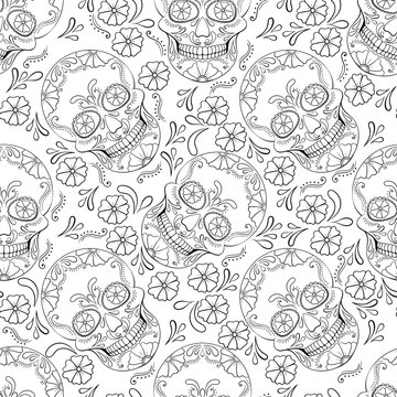 Day of The Dead Skull with floral ornament. Seamless pattern. Mexican sugar skull. Vector illustration