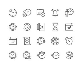 Simple Set of Time Related Vector Line Icons. 
Contains such Icons as Time Inspection, Log, Calendar and more. Editable Stroke. 48x48 Pixel Perfect.