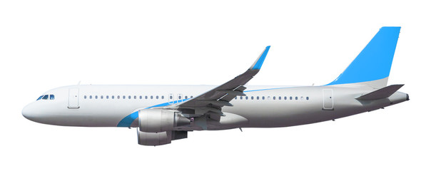 Side view of a flying aircraft isolated on white background with clipping path