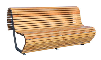Perspective view of a wooden bench with metal legs isolated on a white background