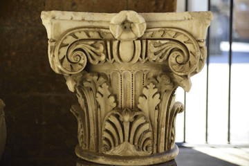 Archaeological find. Upper part (Capitello) of an ancient Etruscan column. Orvieto, Italy