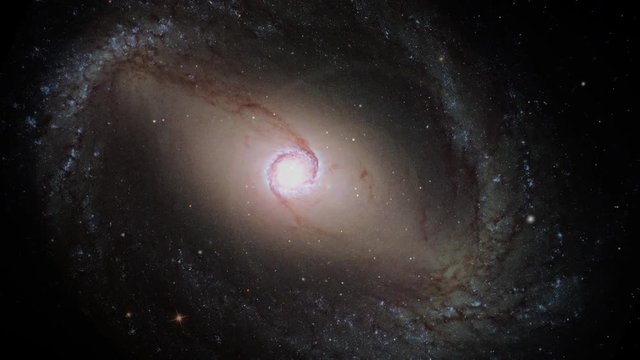 Spiral galaxy ngc1512 slow rotating in outer space with flying stars field, 3D animation. Contains public domain image by NASA