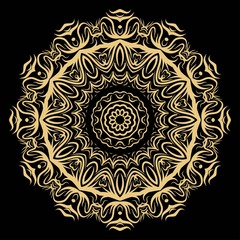 gold color round mandala on black background. vector illustration. for relax, tatoo, invitation.